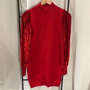 Meritt Red Sweater Dress w/Velvet Burnout Long Sleeves, V-back, Size S